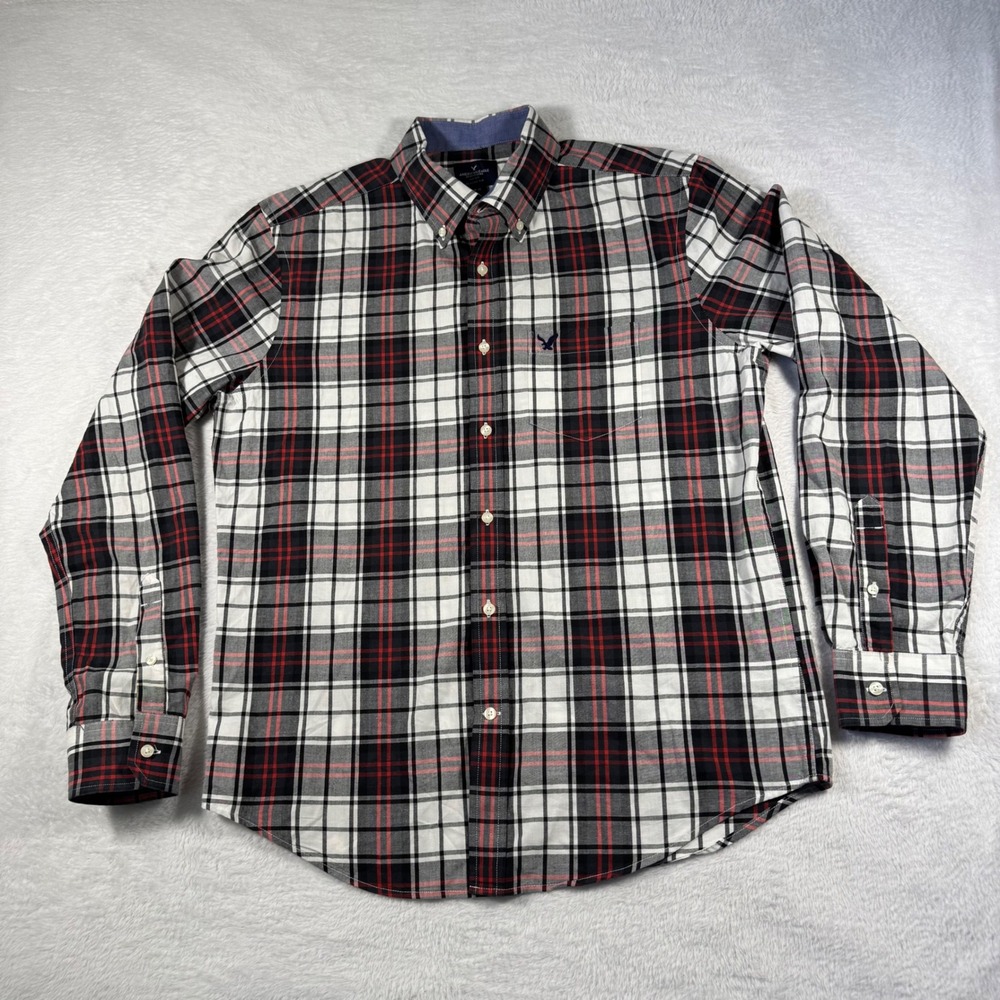 American Eagle Plaid Button Down Shirt Mens Medium Red Black White Classic Fit